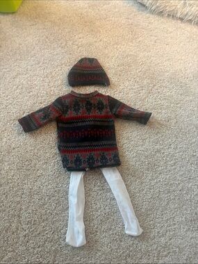 Fair Isle Knit Dress with Matching Hat and White Tights - Red & Gray